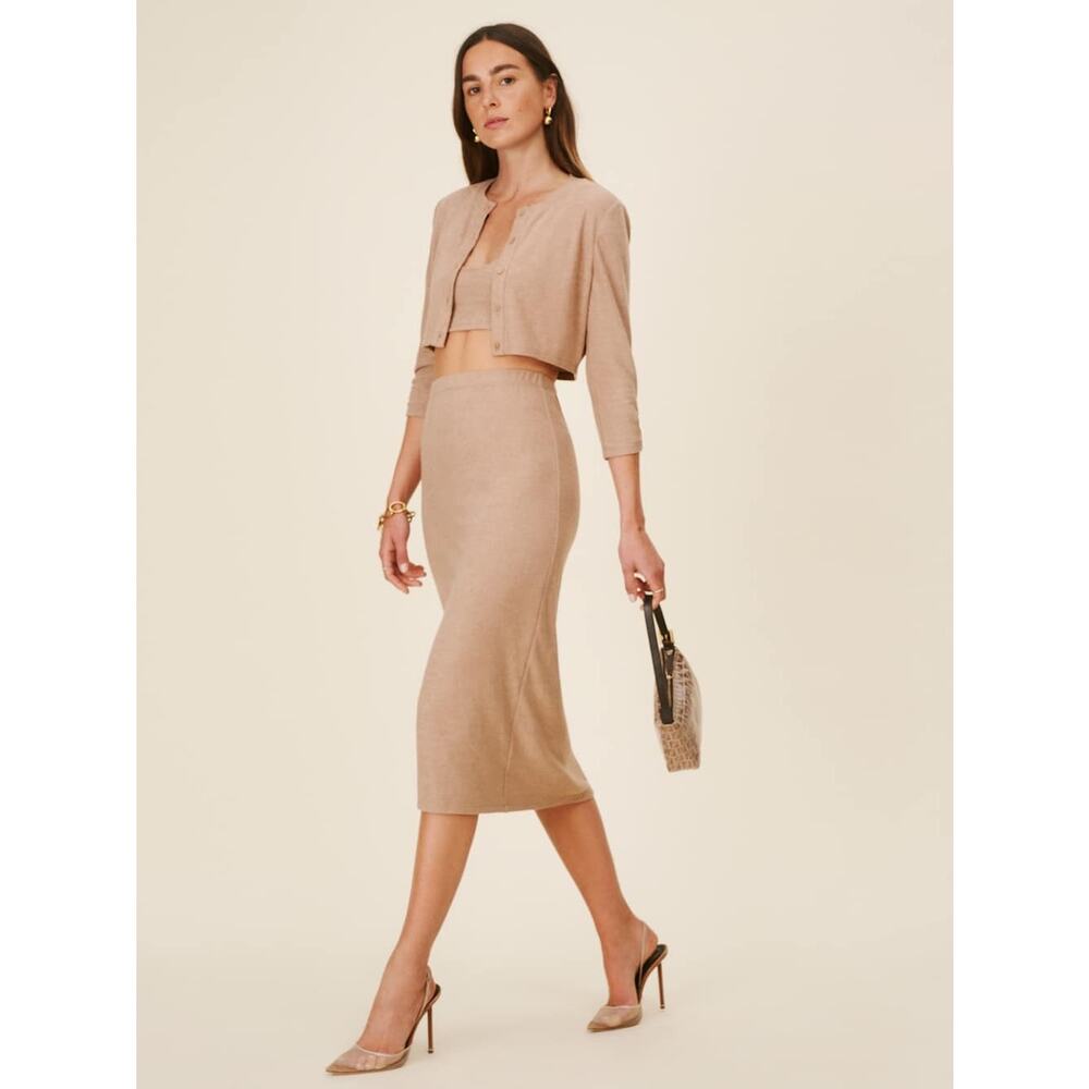 Reformation Janice Buff Beige 3 Piece Cardigan Sweater Midi Skirt Set Size XL - Picture 2 of 14